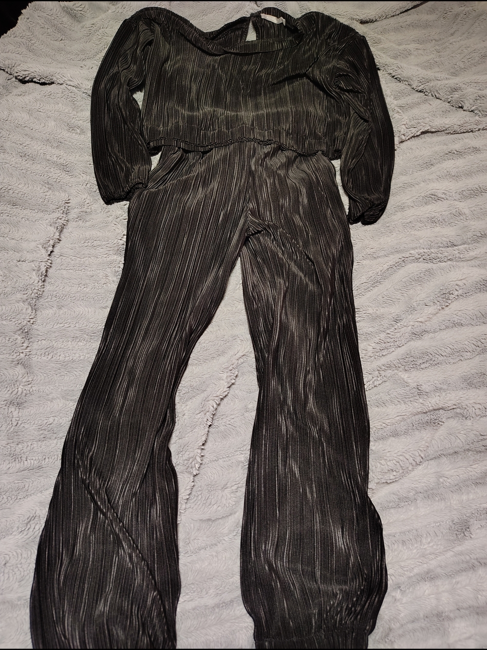 Satin Women's Black Pleated Two-Piece Jumpsuit with Long Sleeves